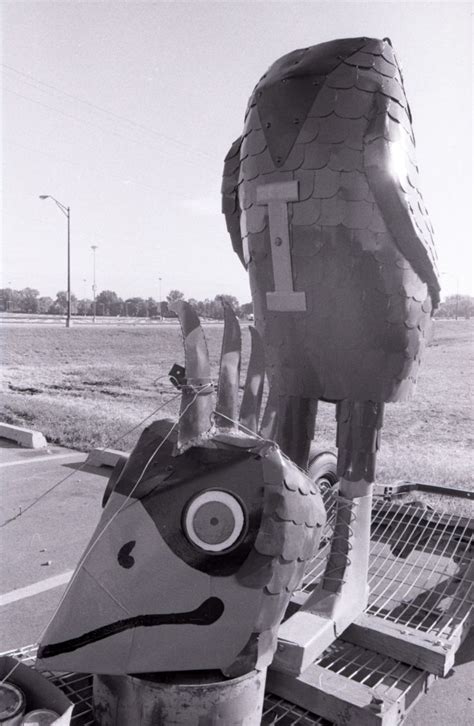 A metal statue of the Iowa State University mascot “Cy,” shown partially dismantled on a trailer ...