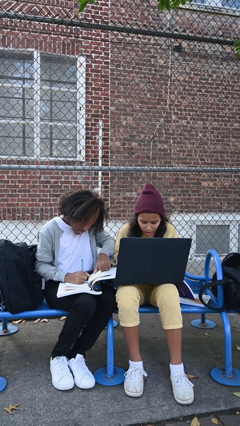 Students Sitting on Bench Doing Assignment · Free Stock Video