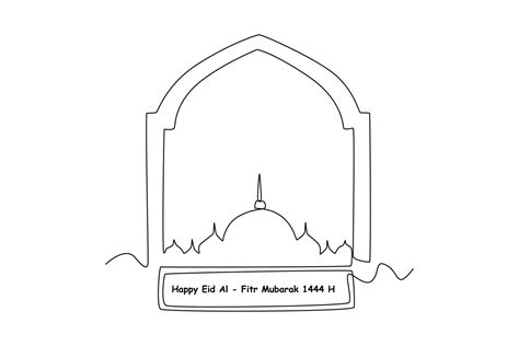 Continuous one line drawing Eid mubarak greeting card 1444 H with arch ...