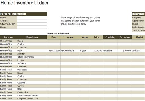 Home Inventory Spreadsheet Template