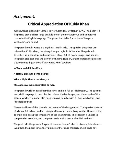 Kubla khan- Analysis and themes - Assignment: Critical Appreciation Of ...