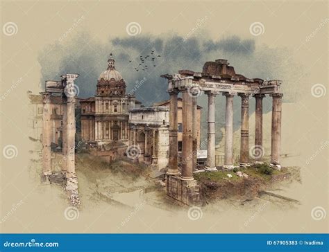 The Roman Forum in Rome, Italy, Watercolor Sketch Stock Illustration - Illustration of famous ...