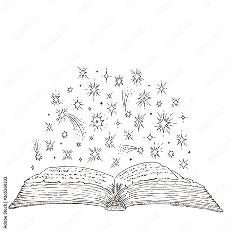 Open magic book hand drawn. Mystical stars. Vector ink sketch in ...