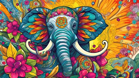 A spirited elephant adorned with flowers and peace symbols, trumpeting amidst swirling ...