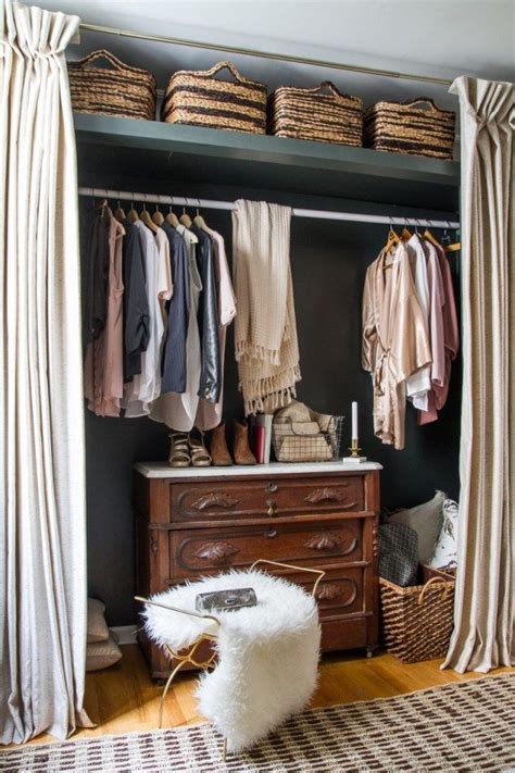 Curtained closet with dresser | Small apartment closet, Curtains for ...