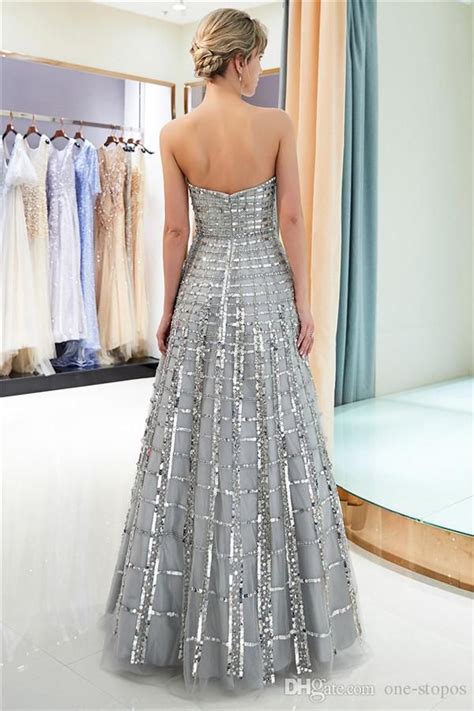 New 100% Real Image Silver Gray Prom Dresses Sequins Tulle Strapless Womens Long Evening Gown ...