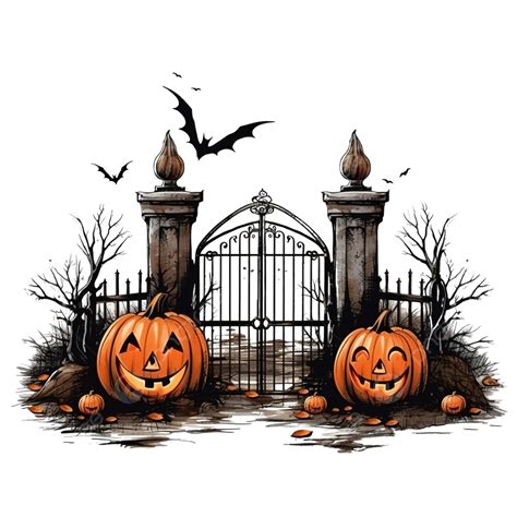 Halloween Cemetery With Gate Pumpkins And Moon Design, Scary Theme, Halloween Tree, Cemetery PNG ...