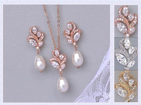 Rose Gold Bridal Jewelry Set Pearl Earrings & Necklace Set - Etsy