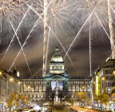 Night view of Wenceslas Square and holiday fireworks in the New Town of Prague, Czech Republic ...