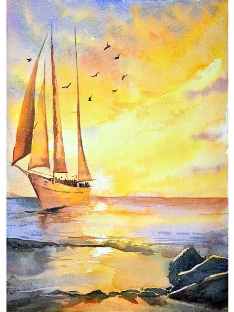 Ship on Sea In Dusk | Watercolor on Paper | By Rajib Agarwal | Exotic ...