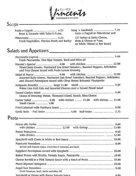 Menu at Vincent's Restaurant, Vero Beach