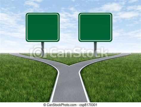Two options with blank road signs facing a challenging decision symbol represented by a forked ...