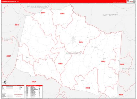 Lunenburg County, VA Zip Code Wall Map Red Line Style by MarketMAPS - MapSales