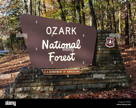 Ozark Mountains, Arkansas in the Fall. Ozark National Forest sign on ...