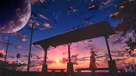 Anime Girl Bus Stop Power Lines, anime-girl, anime, artist, artwork ...