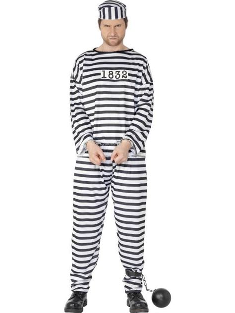 MENS CONVICT COSTUME STRIPED PRISONER JAIL ROBBER CRIMINAL FANCY DRESS OUTFIT | eBay