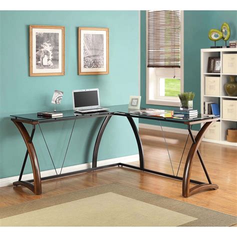 Whalen Newport Wood & Glass L-Shaped Desk, Black Glass Desktop ...