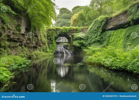 Serene Landscape with Waterfall and Greenery in the Background Stock Image - Image of greenery ...