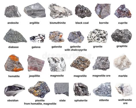 Set of Various Gray Unpolished Minerals with Names Stock Photo - Image ...