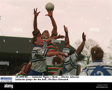 15-APR-95. Leicester Tigers v Bath, Martin Johnson Leicester jumps for ...