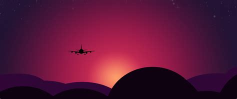 Plane Wallpaper 4K, Sunset, Starry sky, Illustration