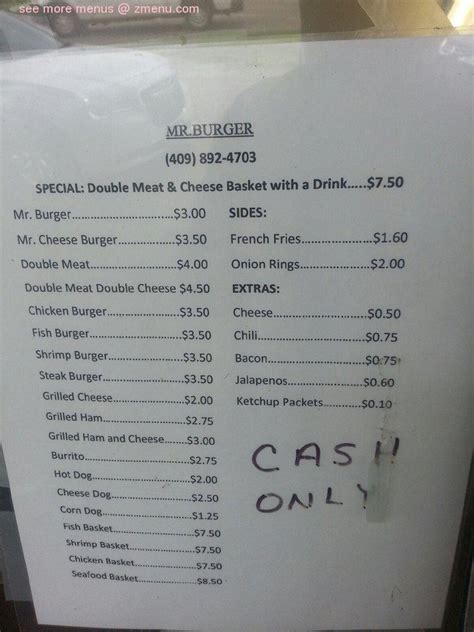 Menu at Mr Burger restaurant, Beaumont