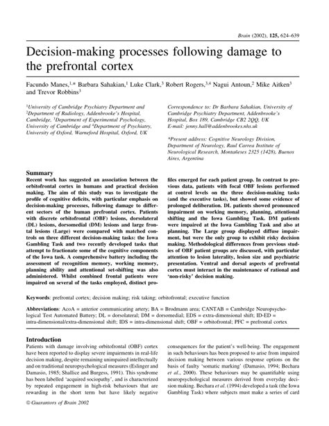 (PDF) Decision-making processes following damage to the prefrontal cortex