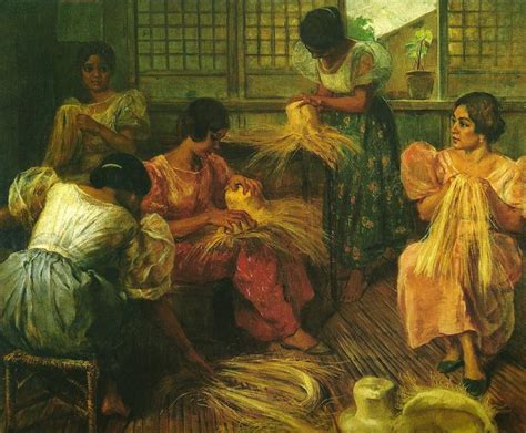 a painting of women working in a room with wheat stalks on the floor and other people around