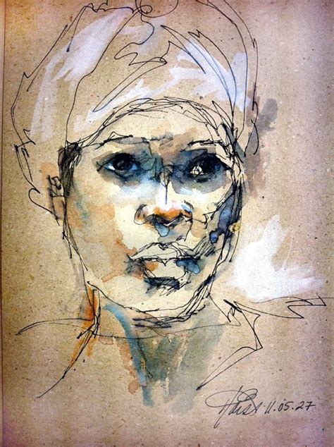 Pen & ink, watercolour wash on recycled paper. Art Watercolor, Watercolor Portraits, Portrait ...