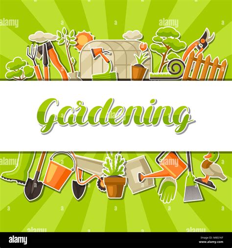 Background with garden tools and items. Season gardening illustration ...