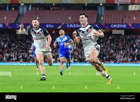 Herbie Farnworth of England goes over for a try during the Rugby League World Cup 2021 Semi ...