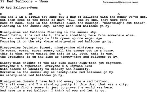 Song 99 Red Balloons by Nena, song lyric for vocal performance plus accompaniment chords for ...