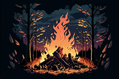 Campfire in the forest in the night. Vector illustration of fire in ...