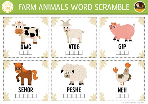 Vector farm animals word scramble activity page. English language game with cow, pig, goat for ...