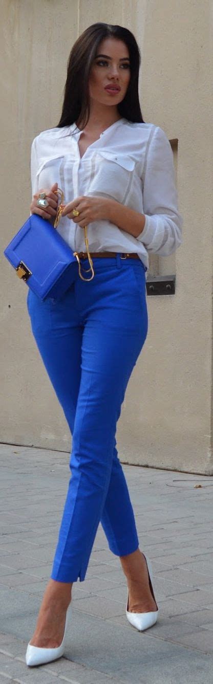 White Button Down Royal Blue Trousers | Cool outfits, Blue trousers ...