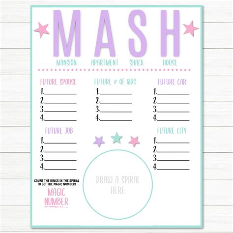 MASH Game Printable MASH Game Digital File Instant | Etsy