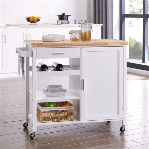 BELLEZE Rolling Kitchen Buffet Cart, Wood Utility Storage Island Cart with Wood Top, White ...