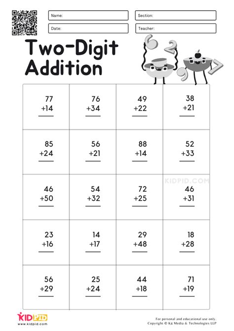 Two-digit Addition Math Worksheets for Kids - Kidpid