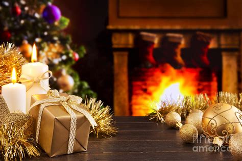 Christmas scene with fireplace and Christmas tree in the back Photograph by Sara Winter - Pixels