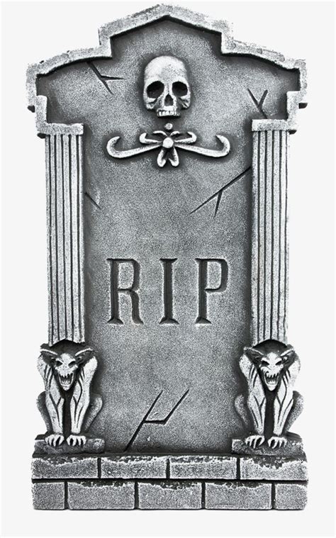 a tombstone with skulls and bones on it, in the shape of a sign that says rip