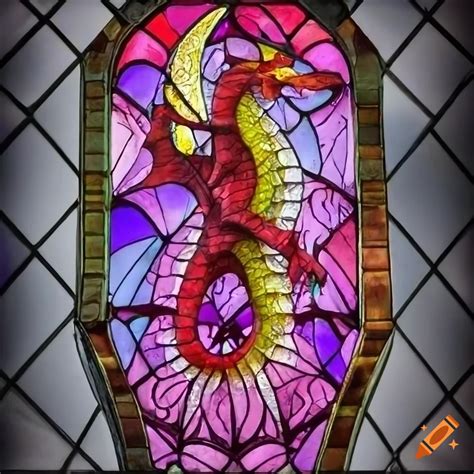 Gothic style stained glass window with a dragon on Craiyon