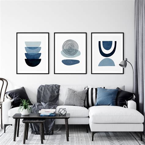 Blue Wall Decor Abstract Art Set of 3 Blue Prints Light - Etsy