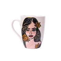White Ceramic Mug with Hand Drawings of a Girl with Sunflowers - Souq Fann