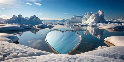 Minimalist Landscape of Simple Mirror in the Shape of a Heart on an Ice Cap North Pole Icebergs ...