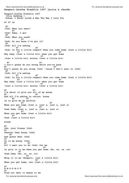 Respect-Aretha Franklin 1967 lyrics & chords - Traditional Music ...