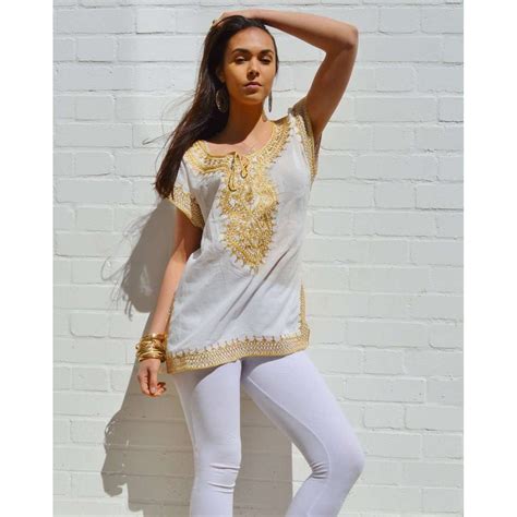 Asmahan Style White with Gold Embroidery Tunic | Maison De Marrakech