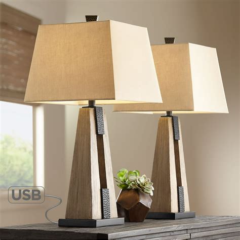 John Timberland Rustic Farmhouse Table Lamps Set of 2 with USB Charging Port Wood Oatmeal ...