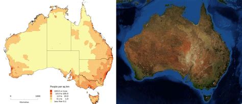 Australia's population density compared to the vegetation satellite map | Australia map ...