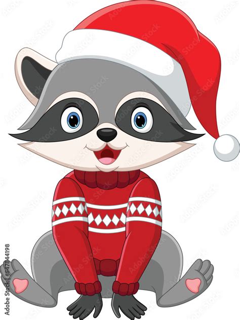 Cartoon raccoon in sweater and santa hat Stock Vector | Adobe Stock