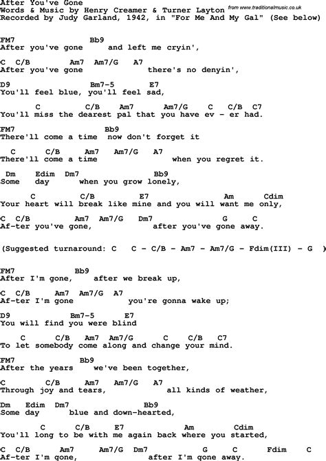 Song lyrics with guitar chords for After You've Gone - Judy Garland, 1942